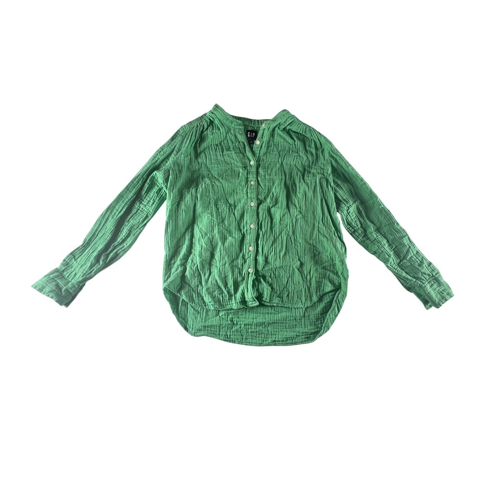 GAP Green Gauze‎ Crinkle Textured Button Up Shirt Petite Medium 100% Cotton
